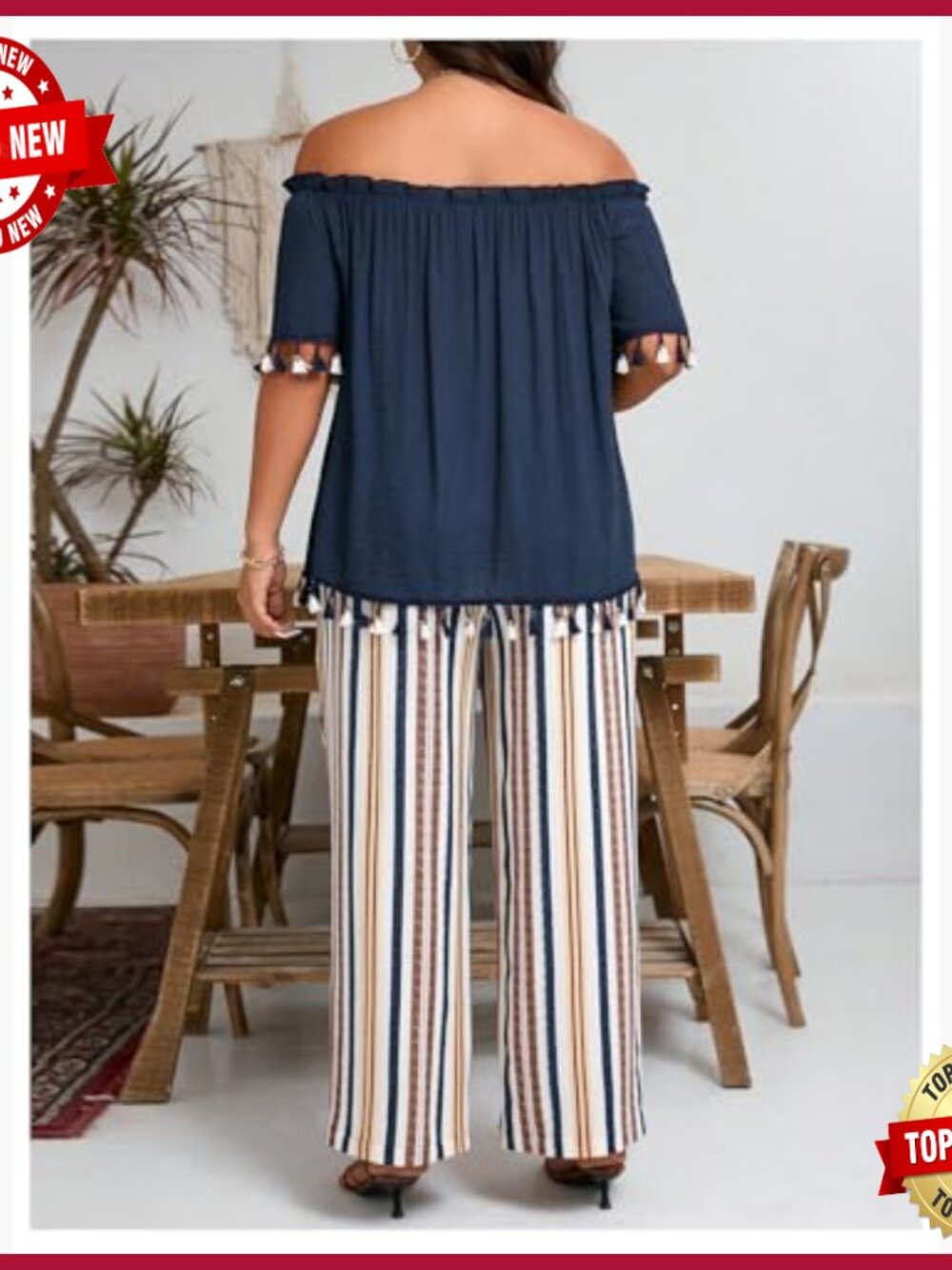 Plus Size Off Shoulder Blouse & Striped Pants Set, Lightweight Polyester - Picture 2 of 5